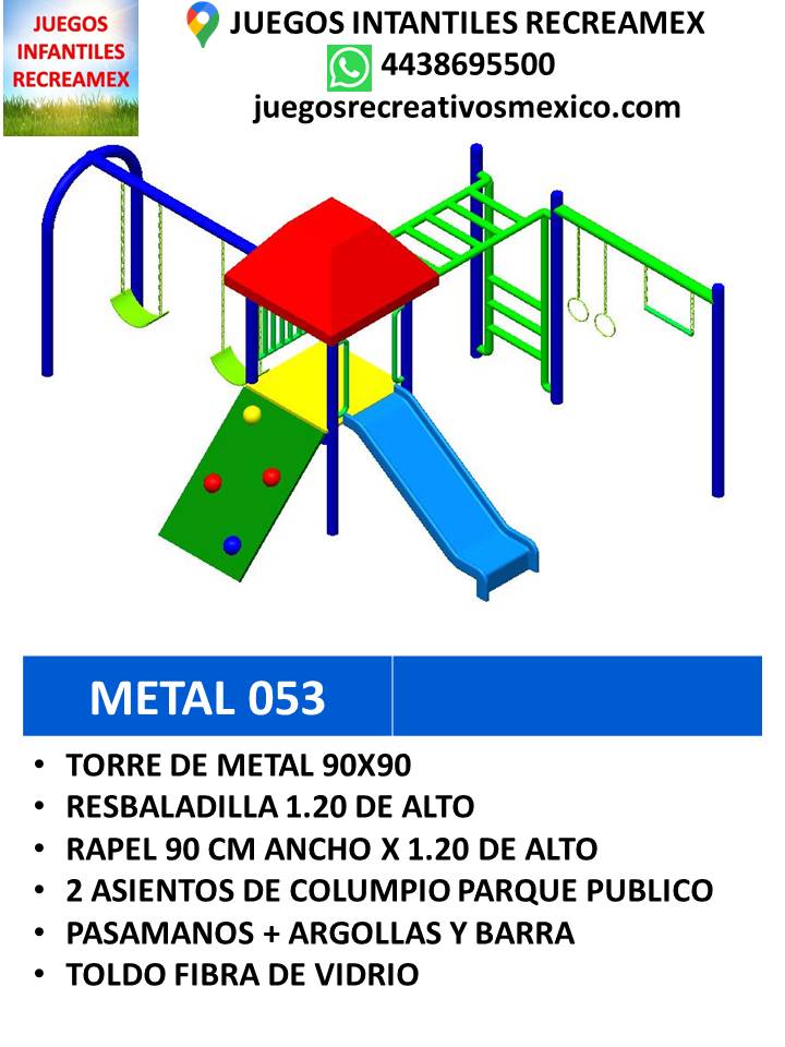 modulo de metal con columpios, resbaladilla, rapelito, pasamanos